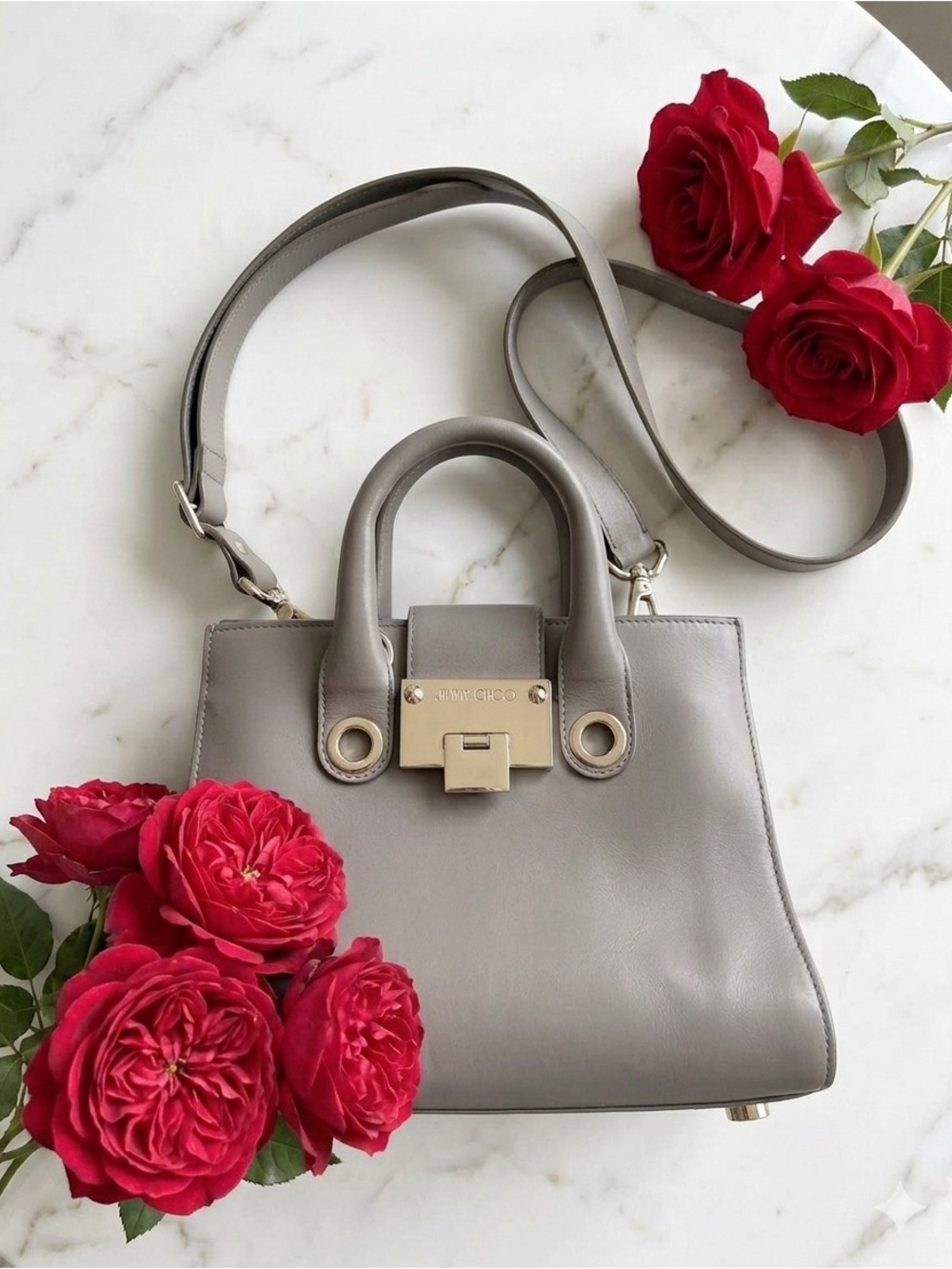 🌟 Authentic Jimmy Choo Riley S Small Calf Leather Crossbody Handbag Taupe Gray